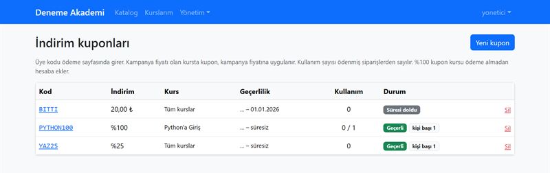 Kupon yönetimi: kupon kodları, indirim türü, geçerli kurs, tarih, kullanım sayısı ve durum