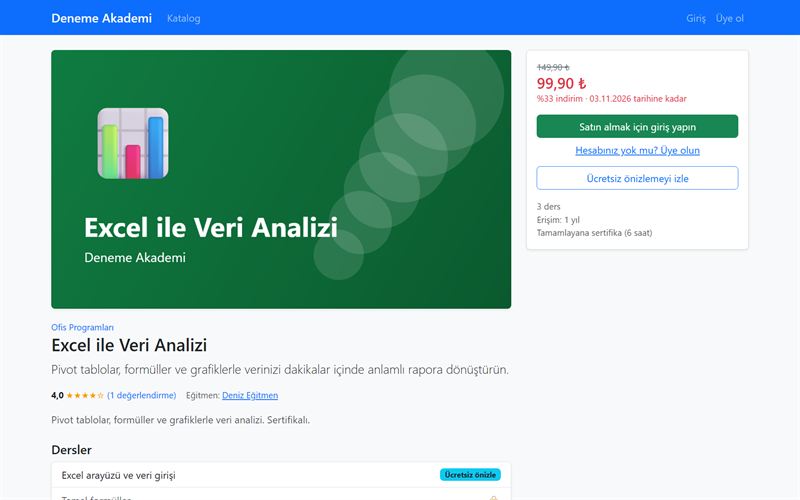 Satıştaki kurs sayfası: kapak görseli, kampanya fiyatı, satın al ve ücretsiz önizleme düğmeleri