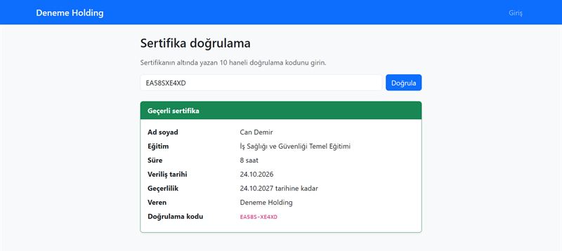 Sertifika doğrulama sayfası: ad soyad, eğitim, süre, veriliş tarihi, geçerlilik ve doğrulama kodu