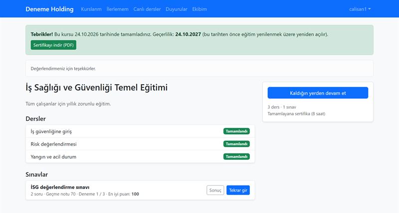 Çalışanın kurs sayfası: eğitimi tamamladınız bilgisi, geçerlilik tarihi ve sertifika indirme düğmesi
