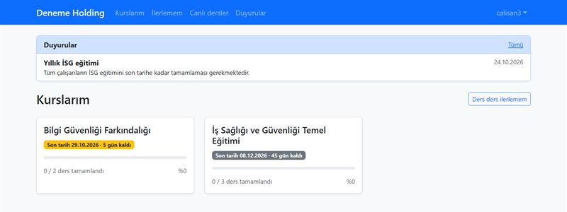 Çalışanın kurslarım sayfası: duyuru, son tarihi yaklaşan ve 45 gün içinde tamamlanacak eğitimler