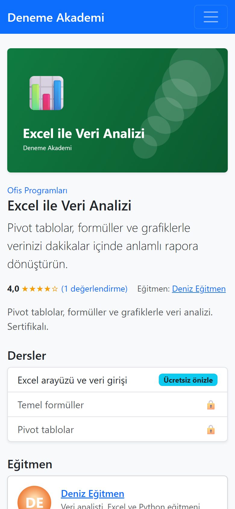 Telefonda kurs sayfası: kapak, puan, ders listesi ve eğitmen