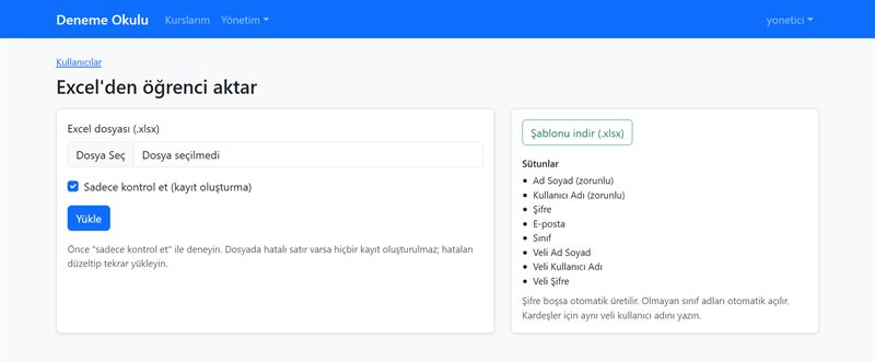 Excel’den öğrenci aktarma ekranı: dosya seçimi, yalnızca kontrol et seçeneği, şablon ve sütun listesi